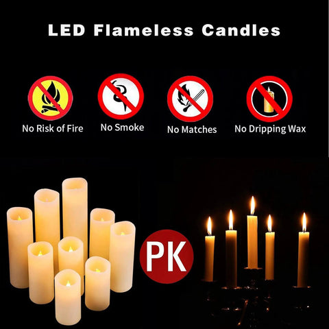 Flameless Battery Operated LED Pillar Candles Set Of Nine With Remote And 24 Hour Timer Ivory Real Wax Look Flickering Ambient Glow