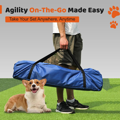 Person carrying 4-Piece Dog Agility Training Kit With Adjustable Hoop Jump Weave Poles Pause Box And Outdoor Obstacle Course Gear