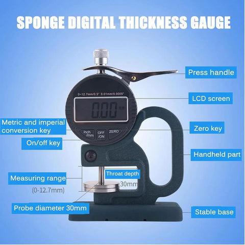 Dope Digital Thickness Gauge For Sponge And Foam, 0.01mm Resolution, 30mm Probe, 0-12.7mm Range, Large LCD Display, Thumb Trigger, Portable Handle, Fast And Accurate Tester For Sponge, Paper, Cardboard.