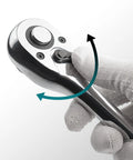Close-up of a hand holding the 72-tooth quick release reversible socket wrench with teardrop head from the 3 Piece Ratchet Set With 1/4 3/8 And 1/2 Inch Drive Ratchets 72 Tooth Quick Release Reversible Socket Wrench CR V Handle Teardrop Head EVA Storage Case For Auto Home And DIY Projects.