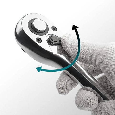 Close-up of a hand holding the 72-tooth quick release reversible socket wrench with teardrop head from the 3 Piece Ratchet Set With 1/4 3/8 And 1/2 Inch Drive Ratchets 72 Tooth Quick Release Reversible Socket Wrench CR V Handle Teardrop Head EVA Storage Case For Auto Home And DIY Projects.