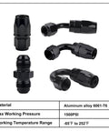 Various black anodized fittings from 6AN Hose End Fitting Kit For CPE Braided Hose Aluminum 6061-T6 With Black Anodized Finish 9/16-18 UNF Thread