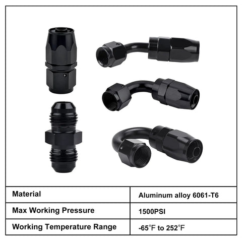 Various black anodized fittings from 6AN Hose End Fitting Kit For CPE Braided Hose Aluminum 6061-T6 With Black Anodized Finish 9/16-18 UNF Thread