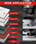 Heavy Duty 14 Piece Diamond Core Drill Bit And Hole Saw Kit With Quick Drop Core Extractor For Concrete Masonry Work showing applications on various materials.