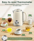 1.8L Electric Kettle With Temperature Gauge, 1500W Fast Boil, 304 Stainless Steel Retro Style Hot Water Kettle With Lit LED Light, Auto Shut Off And Boil Dry Protection displayed on a table with teas at different temperatures
