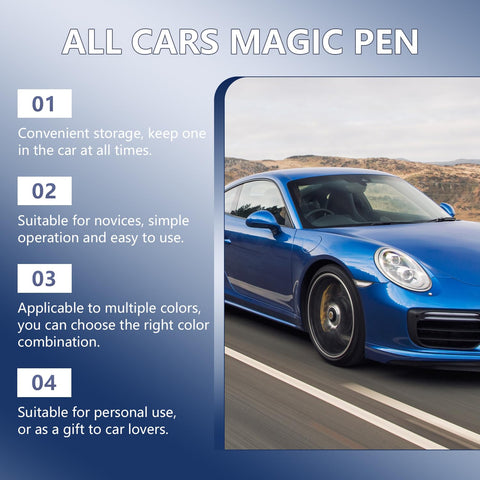 Blue car featuring Three Pack Car Scratch Repair Pen For All Car Colors, Portable Auto Touch Up Pen Quick Fix benefits.