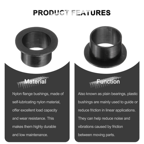 Flanged Nylon Sleeve Bearings Set 12 Pcs Self Lubricating Bushings features and material info, black nylon bushings