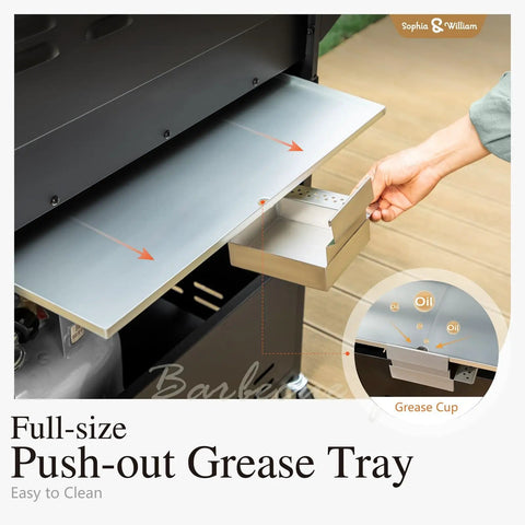 Close-up of 4 Burner Gas Grill With Side Burner And Porcelain Enameled Cast Iron Grates With Stainless Steel Burners 42,000 BTU showing grease tray