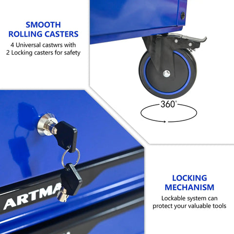 Rolling Tool Cart With Wheels 3 Drawers And A Wooden Top Heavy Duty Mechanics Cabinet For Garage Workshop And Warehouse Ball Bearing Drawers Mobile Tool Storage Cabinet Blue showing caster wheel and lock mechanism