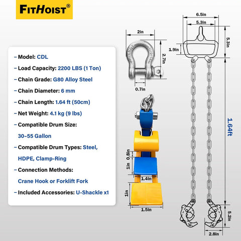 Heavy Duty Chain Drum Lifter Handles 2200 Lbs Vertical Barrel Clamp with G80 steel chains and hook for transporting 30-55 gallon drums.
