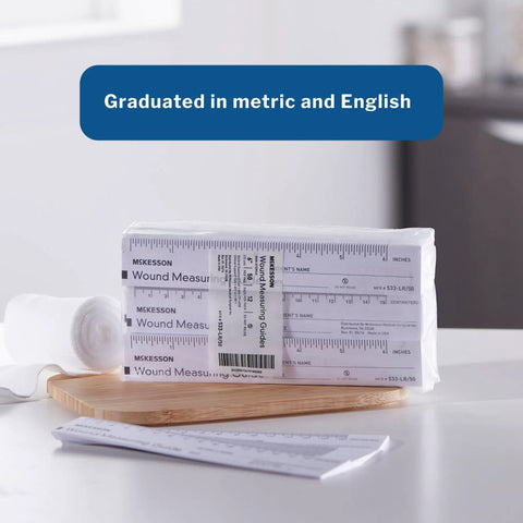 Wound Measuring Guide Ruler, 6 Inch Paper, Non Sterile, 50 Count, Calibrated for Super Handy Wound Progress Tracking in Both Metric And Imperial Units For Medical Staff And Home Use. Packaged paper ruler with metric and inch graduations