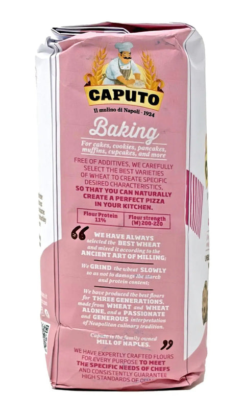 Back view of Type 00 Pastry Flour From Italy For Desserts And Shortbreads, 2.2 Lb Bag Pack Of 4, ingredient and baking information.