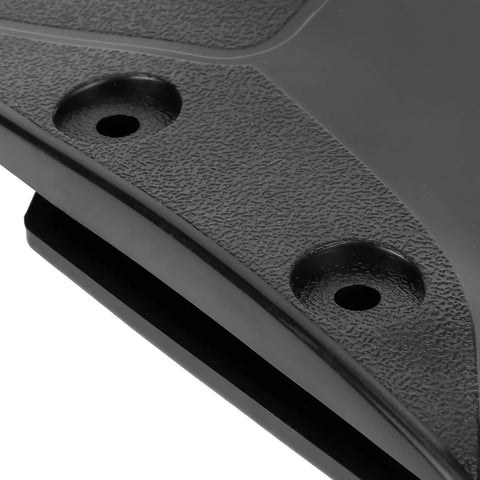 Close-up of mounting holes on outboard hydrofoil stabilizer for marine motors with dorsal fin in black ABS plastic improves stability and reduces drag for smoother handling on stern drives