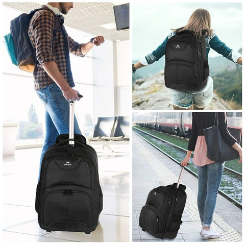 Rolling Laptop Backpack With Wheels 17 Inch Water Resistant Carry On Luggage for business travel, showing black suitcase in use by men and women