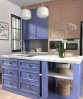 Modern kitchen with purple cabinets featuring Brushed Nickel Cabinet Knobs 20 Pack Round Zinc Drawer Knobs; elegant design.