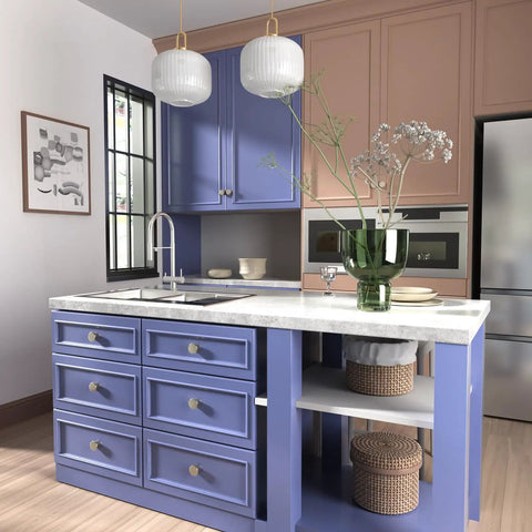 Modern kitchen with purple cabinets featuring Brushed Nickel Cabinet Knobs 20 Pack Round Zinc Drawer Knobs; elegant design.