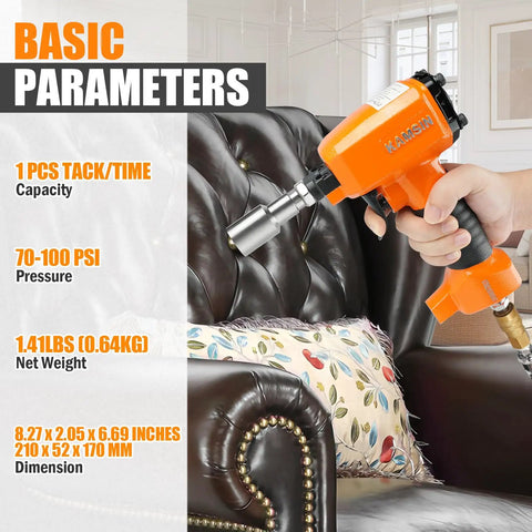 Dope Lightweight Pneumatic Decorative Nailer for upholstery and furniture, shown operating on a leather sofa.