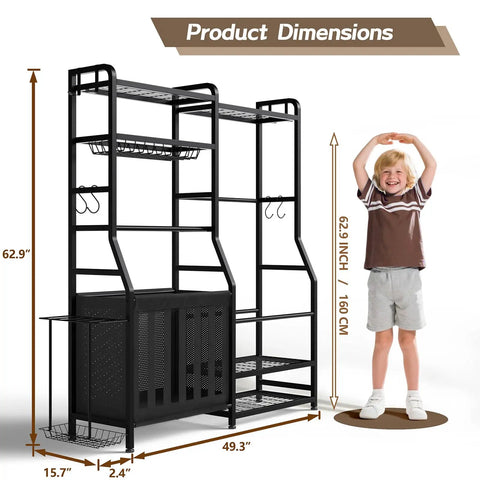 Garage Sports Equipment Organizer With Beefy Heavy Duty Ball Holder, Golf Bag Storage Rack, standing next to child for scale.
