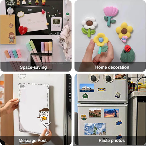 Various uses of Extra Large Magnetic Sheets With Adhesive Backing Flexible Extra Strong Magnetic Paper showcased on fridge and metal surfaces.