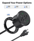 Slick Flush Mount Desk Power Hub With Two AC Outlets And Four Quick Charge Ports Including Dual PD 20W Type C Plugs showing 6ft cable and black design.