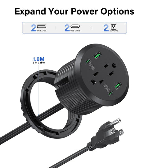 Slick Flush Mount Desk Power Hub With Two AC Outlets And Four Quick Charge Ports Including Dual PD 20W Type C Plugs showing 6ft cable and black design.
