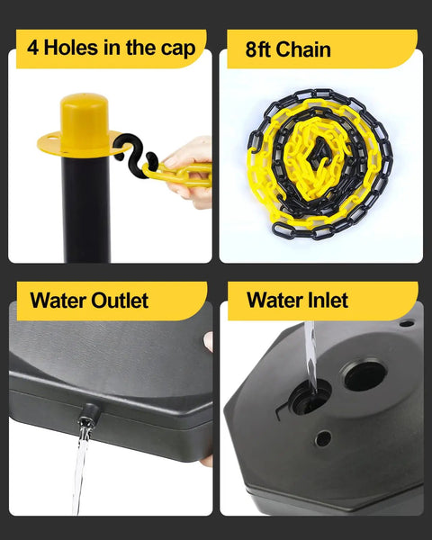 Six Pack Traffic Delineator Posts With Fillable Bases showing chain, water inlet, outlet, and four-cap holes.