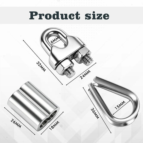 Close-up of 60 Piece M6 Stainless Steel Rope Cable Clamp Kit With Thimble And Aluminum Crimp Loop Sleeves For One Quarter Inch Wire Rigging