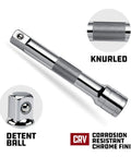 Quarter Inch Drive Extension Bar Set Three Piece With Two Inch Three Inch And Six Inch Extensions For Easy Ratchet Reach Chrome Vanadium Steel With Non Slip Grip Durable And ANSI Standards Compliant showing knurled grip and detent ball.