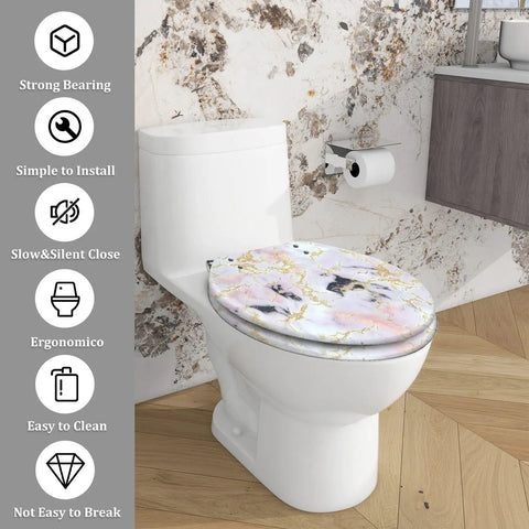Elongated Resin Toilet Seat for Bathroom with marble design, 14.5" x 18.5", easy to clean, fits most standard toilets.
