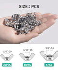 Hand holding Beefy 35 Piece Butterfly Wing Nuts Set 1/4-20, 5/16-25, 3/8-16 Stainless Steel 304 with sizes shown below.