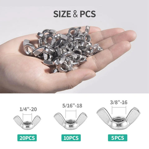 Hand holding Beefy 35 Piece Butterfly Wing Nuts Set 1/4-20, 5/16-25, 3/8-16 Stainless Steel 304 with sizes shown below.