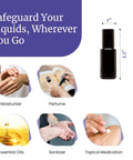 Black Ultraviolet Glass Roller Bottle 15 Ml Essential Oil Bottle With Glass Ball Roll On Tip Screw Top Airtight Leak Proof Cosmetic Container Round Bottle With Black Cap displayed with uses for moisturizer, perfume, essential oils, sanitizer, and topical medication.