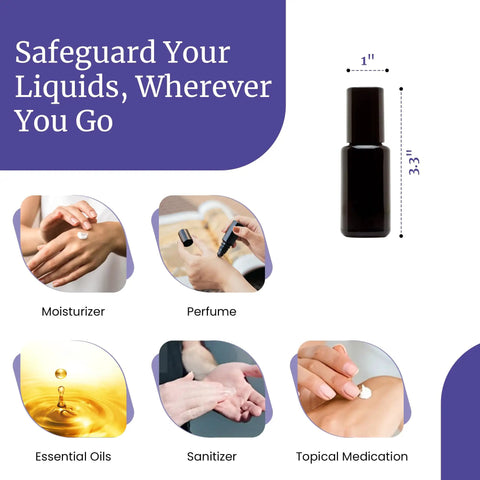 Black Ultraviolet Glass Roller Bottle 15 Ml Essential Oil Bottle With Glass Ball Roll On Tip Screw Top Airtight Leak Proof Cosmetic Container Round Bottle With Black Cap displayed with uses for moisturizer, perfume, essential oils, sanitizer, and topical medication.