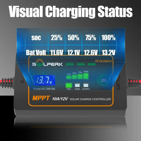 10A 12V MPPT Solar Charge Controller with LCD Display showing charging status and battery voltage