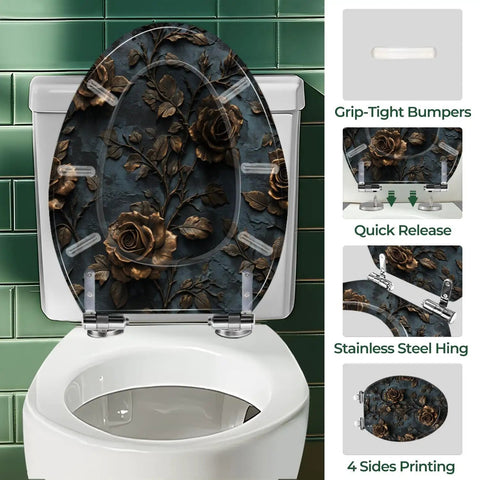 Elongated Toilet Seat Resin for Bathroom with floral design, quick release hinges, and grip-tight bumpers.