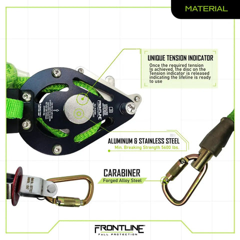 Heavy Duty 100 Foot Adjustable Horizontal Lifeline System For Up To Four Technicians With Badass Six Foot Anchor Straps showing tension indicator and carabiner.