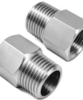 Two Pack 3/8 NPT Female To 1/2 NPT Male Hex Pipe Fitting Reducer Adapter Tough As Nails 304 Stainless Steel Build close-up.
