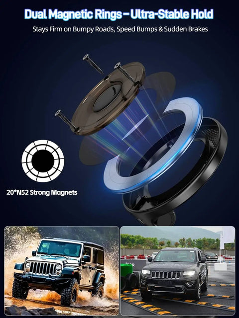 Dual magnetic rings of the Rock Solid Vacuum Lock 60 Plus Lbs Suction Car Phone Mount with off-road vehicle images.