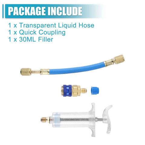 Oil and Dye Injector Kit for Car HVAC Systems, 30ml Hand Push Compressor with Quick Coupler and Quad SAE Connector parts