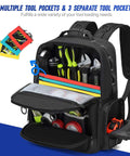 Heavy Duty Tool Backpack With Large Interior And Three Pouches For Electricians HVAC Techs Construction Pros And Handymen Pro Grade Tool Organizer Bag Worksite Ready, showing organized tools and bright pocket linings.