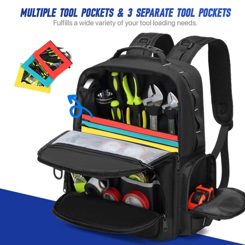 Heavy Duty Tool Backpack With Large Interior And Three Pouches For Electricians HVAC Techs Construction Pros And Handymen Pro Grade Tool Organizer Bag Worksite Ready, showing organized tools and bright pocket linings.