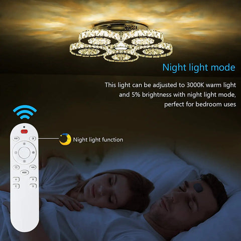 Crystal Flush Mount Ceiling Light With Remote Control, Dimmable LED Chandelier With 5 Ring Design above sleeping couple