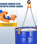 FAHKNS chain drum lifter clamp lifting a blue 55-gallon drum with orange clamps and steel chain, 2000 lb capacity