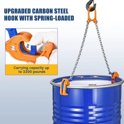 FAHKNS chain drum lifter clamp lifting a blue 55-gallon drum with orange clamps and steel chain, 2000 lb capacity