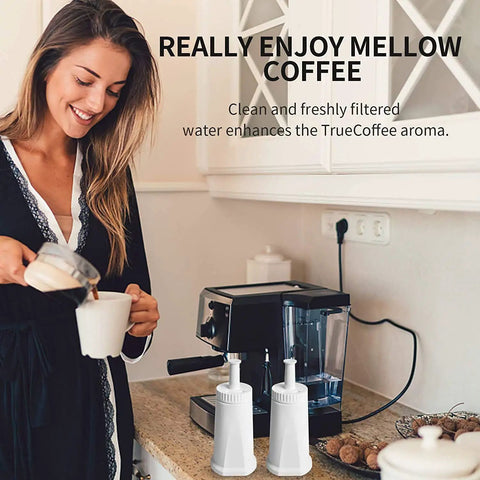 Water Filter Replacement Pack For Breville Espresso Machines Claro Swiss Oracle Barista Touch And Bambino Series Four Pack Compatible With BES008WHT0NUC1 on kitchen counter near woman making coffee in espresso machine.