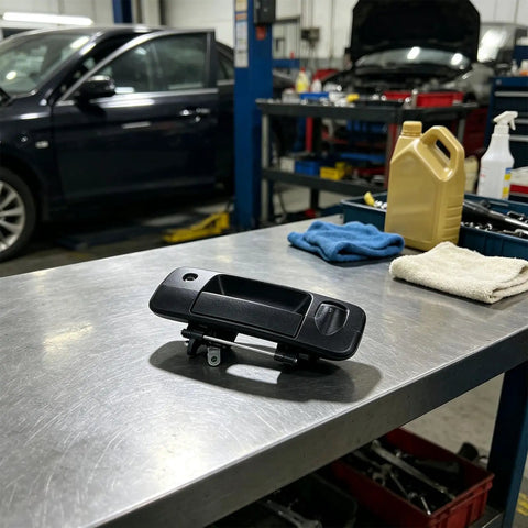 RDHFTNIHU Access Latch Component on a workbench, showcasing durable black plastic design for truck tailgate use.