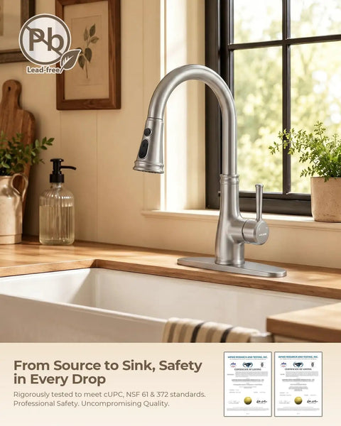 Vintage Kitchen Faucet With Pull Down Sprayer In Brushed Nickel Finish showcasing a high arc spout in a modern kitchen setting.