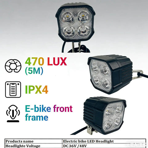 High Visibility E Bike Horn Front Light With 3 Pin Connector And Built In Horn, LED angled views, for 36V and 48V bikes