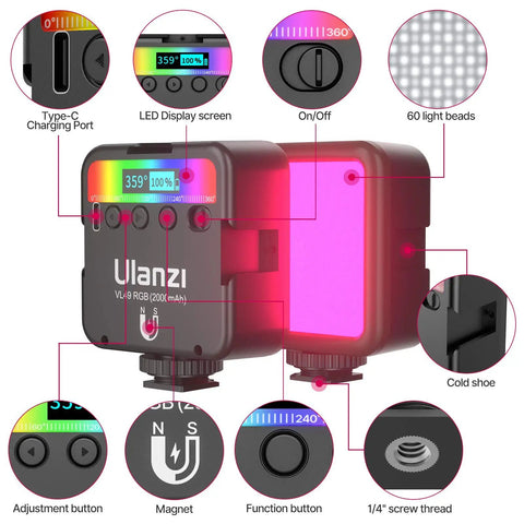 VL49 RGB Video Light For Cameras Pro Grade 360 Full Color LED Panel with features labeled, including display and cold shoe.