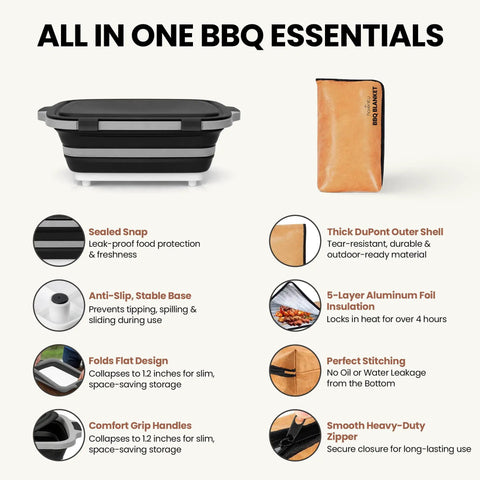 All-in-one Grab And Go BBQ Prep Tub With Blanket 16L Collapsible Dish Basin and Cutting Board with Lid features and benefits.
